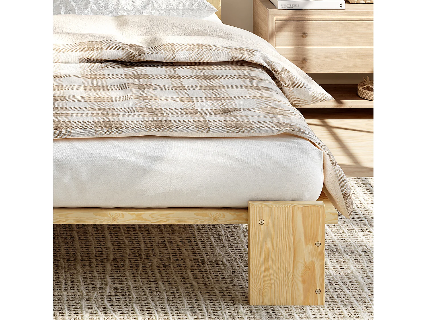 Lit capitonné double - 140 x 200 cm - avec tête de lit + sommier à lattes - pin + contreplaqué - naturel