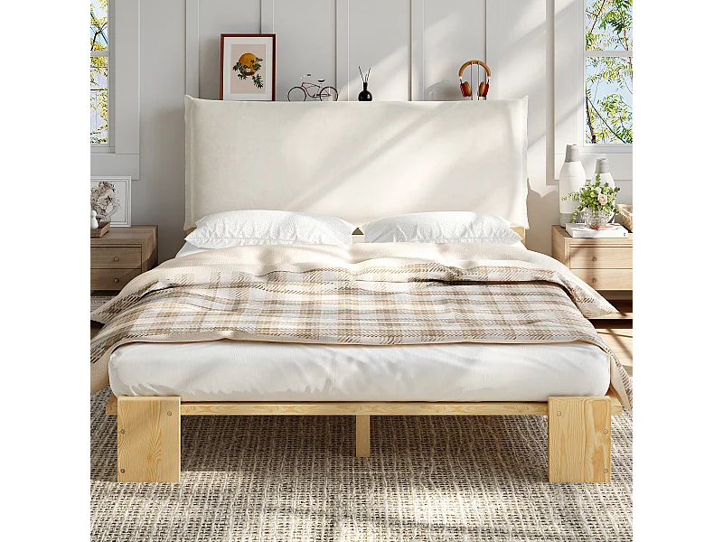 Lit capitonné double - 140 x 200 cm - avec tête de lit + sommier à lattes - pin + contreplaqué - naturel