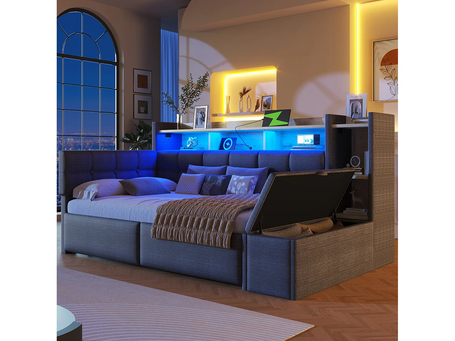 Schlafsofa 90 x 190 cm – mit 2 Schubladen, USB-Anschluss, Ablage, Aufbewahrungsbank und LED-Beleuchtung – Samt – grau