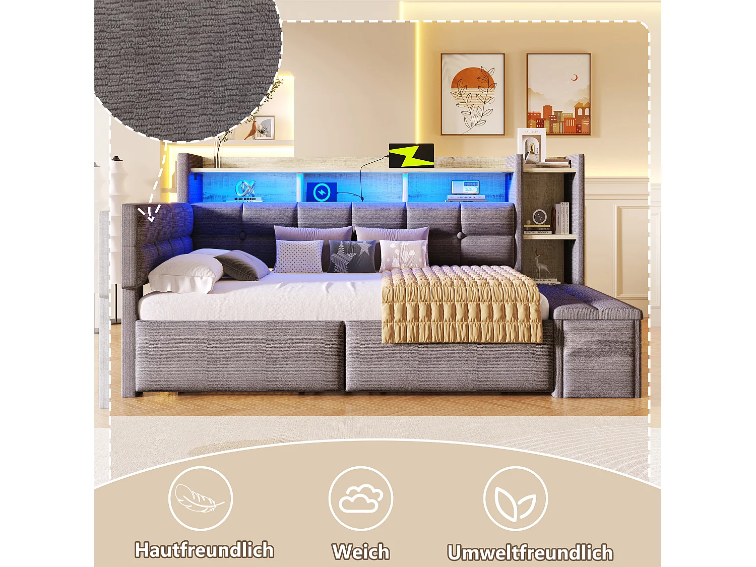 Schlafsofa 90 x 190 cm – mit 2 Schubladen, USB-Anschluss, Ablage, Aufbewahrungsbank und LED-Beleuchtung – Samt – grau