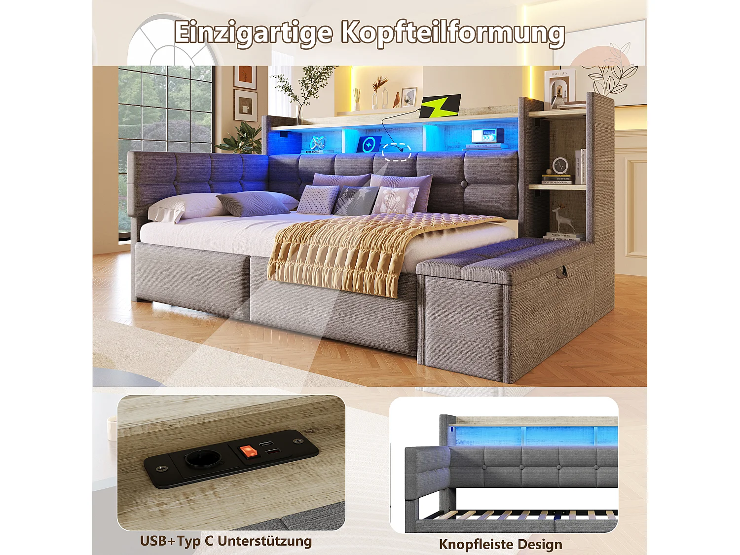 Schlafsofa 90 x 190 cm – mit 2 Schubladen, USB-Anschluss, Ablage, Aufbewahrungsbank und LED-Beleuchtung – Samt – grau