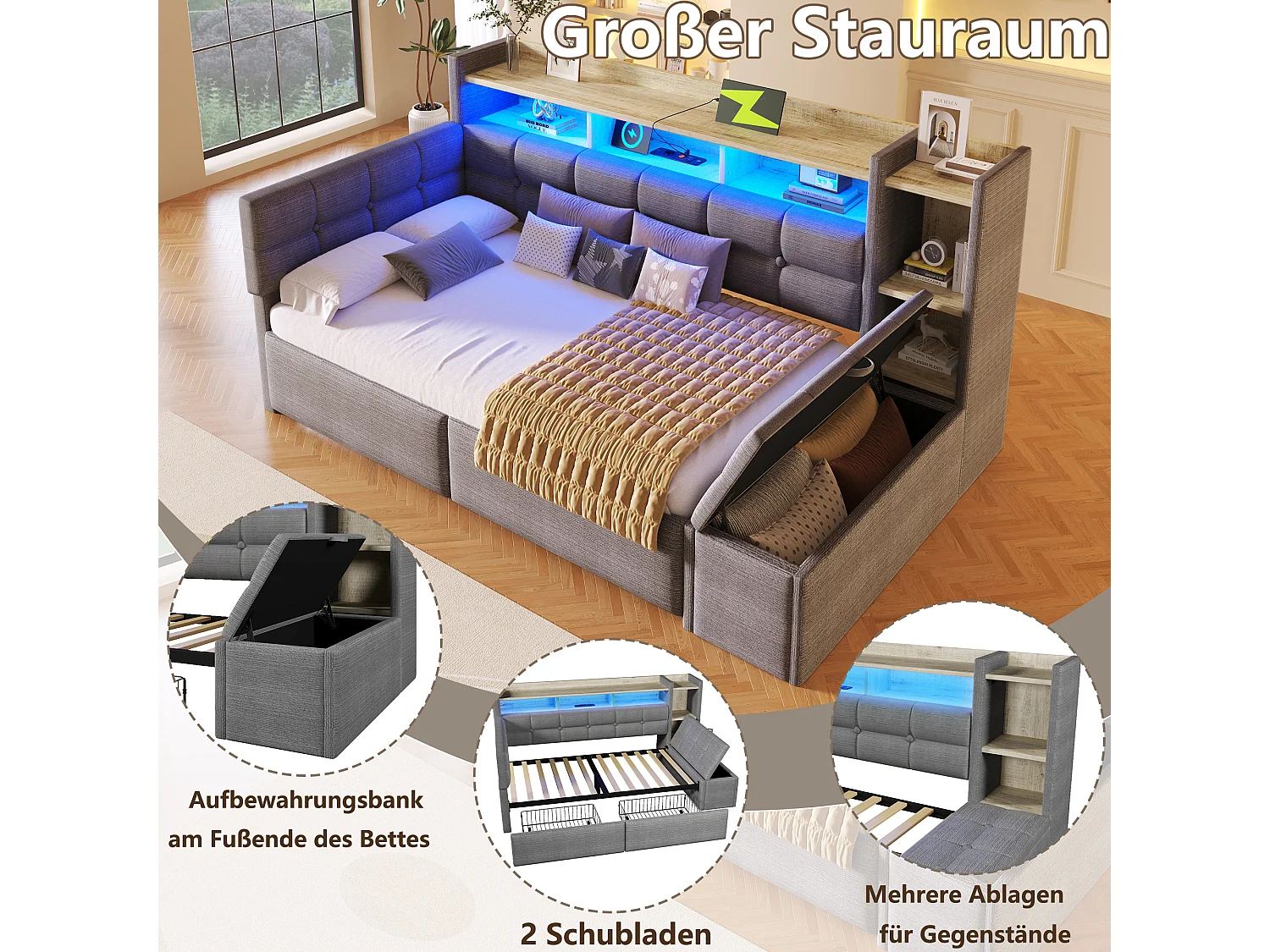 Schlafsofa 90 x 190 cm – mit 2 Schubladen, USB-Anschluss, Ablage, Aufbewahrungsbank und LED-Beleuchtung – Samt – grau