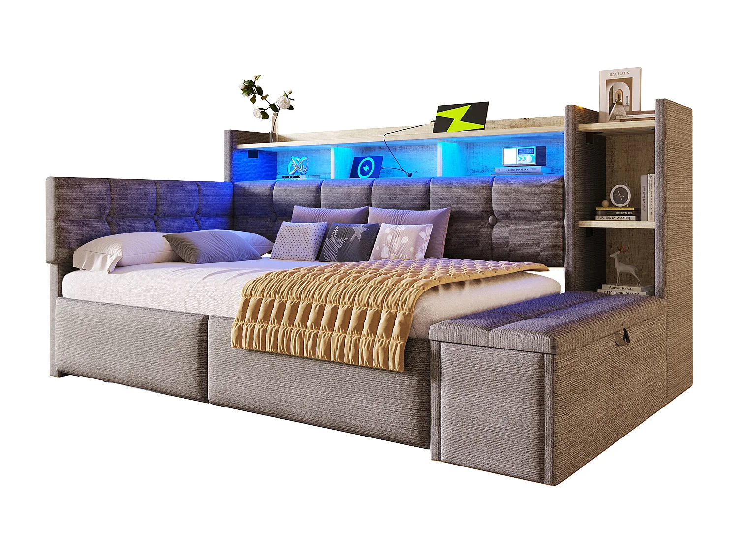Schlafsofa 90 x 190 cm – mit 2 Schubladen, USB-Anschluss, Ablage, Aufbewahrungsbank und LED-Beleuchtung – Samt – grau