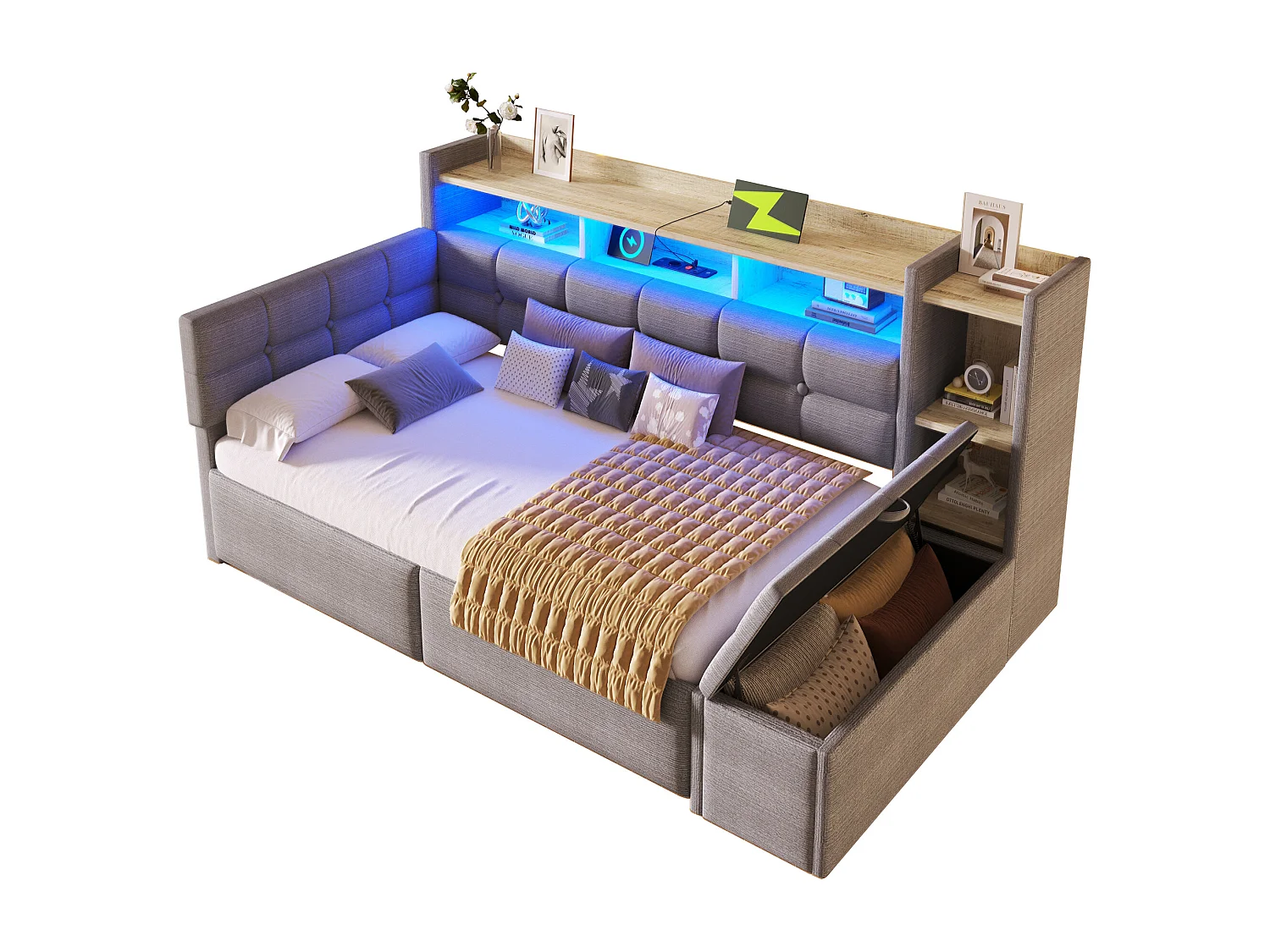 Schlafsofa 90 x 190 cm – mit 2 Schubladen, USB-Anschluss, Ablage, Aufbewahrungsbank und LED-Beleuchtung – Samt – grau