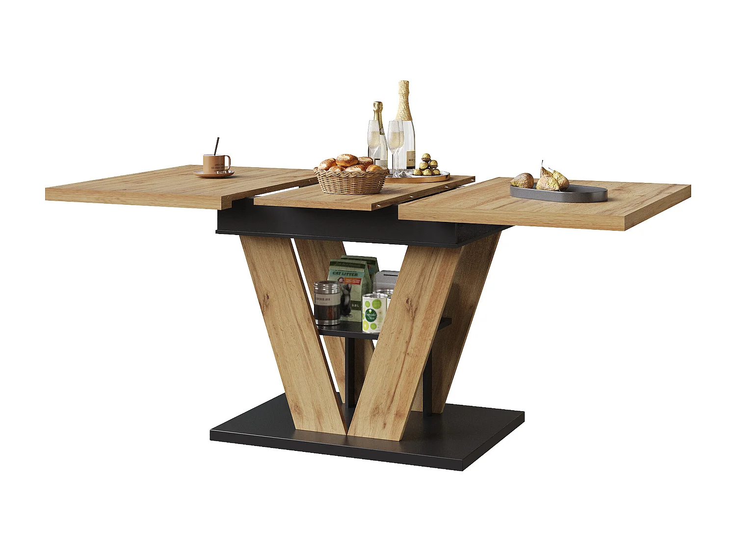 Table à manger extensible 110-140 x 80cm - Plateau woodgrain - Noir et bois