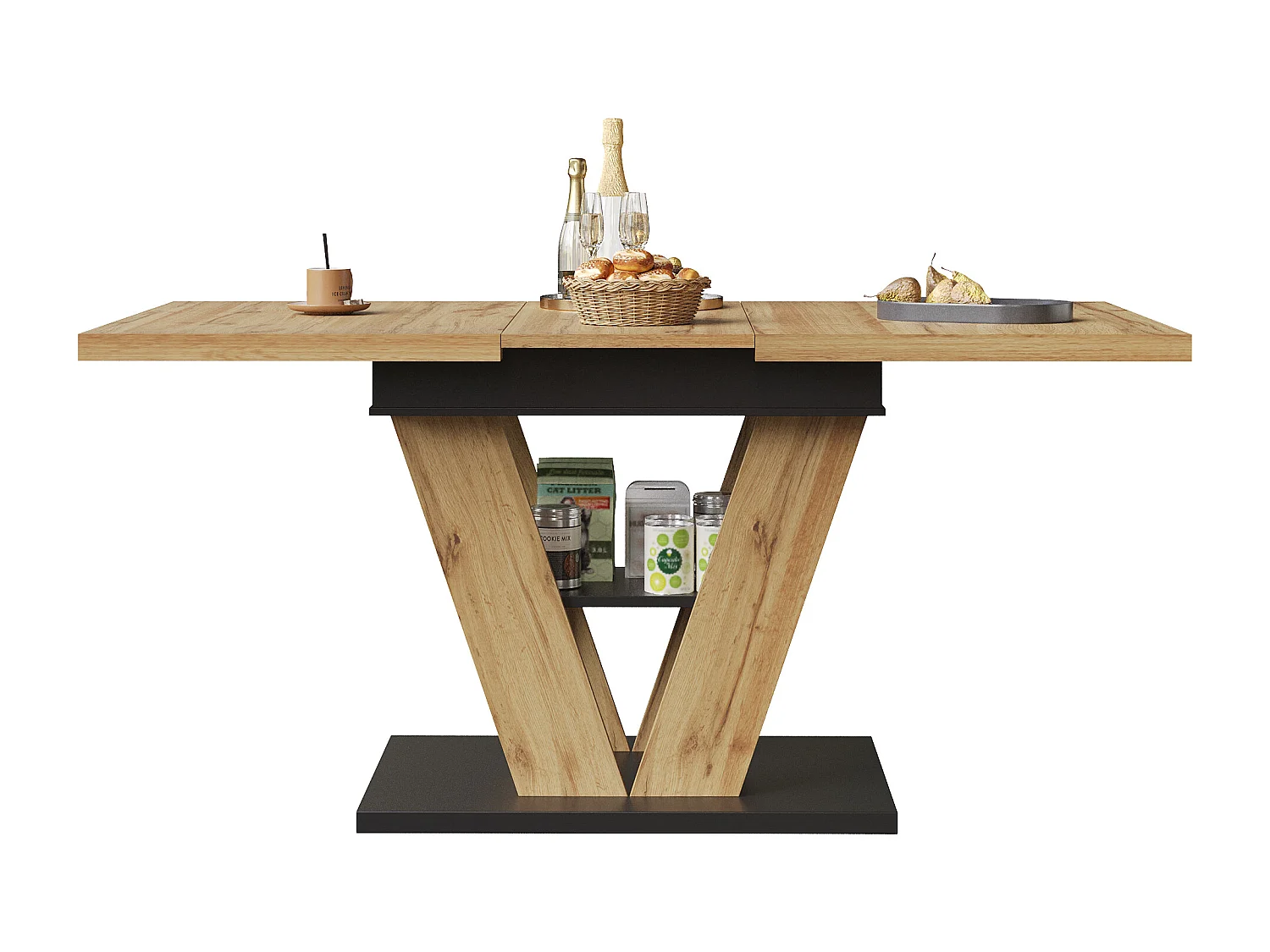 Table à manger extensible 110-140 x 80cm - Plateau woodgrain - Noir et bois