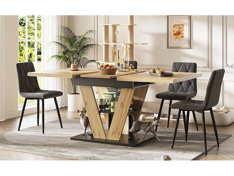 Table à manger extensible 110-140 x 80cm - Plateau woodgrain - Noir et bois