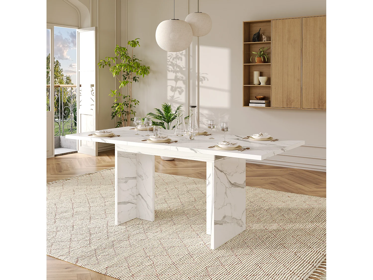 Table à manger rectangulaire extensible 140/180x80x75 cm - Pour 6 à 8 personnes - Plateau épais - Texture de marbre - Blanc