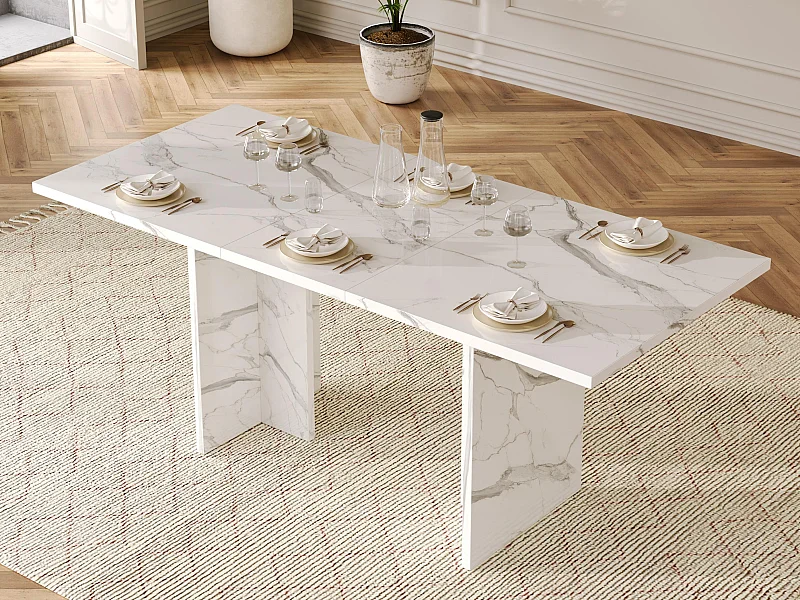 Table à manger rectangulaire extensible 140/180x80x75 cm - Pour 6 à 8 personnes - Plateau épais - Texture de marbre - Blanc