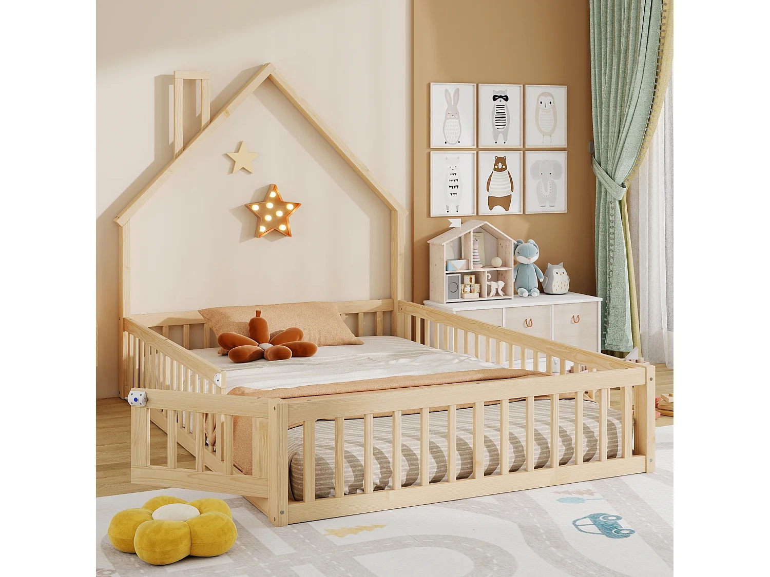 Lit cabane pour enfant - 140 x 190 cm - en forme de cheminée - avec sommier à lattes + porte - pin - naturel
