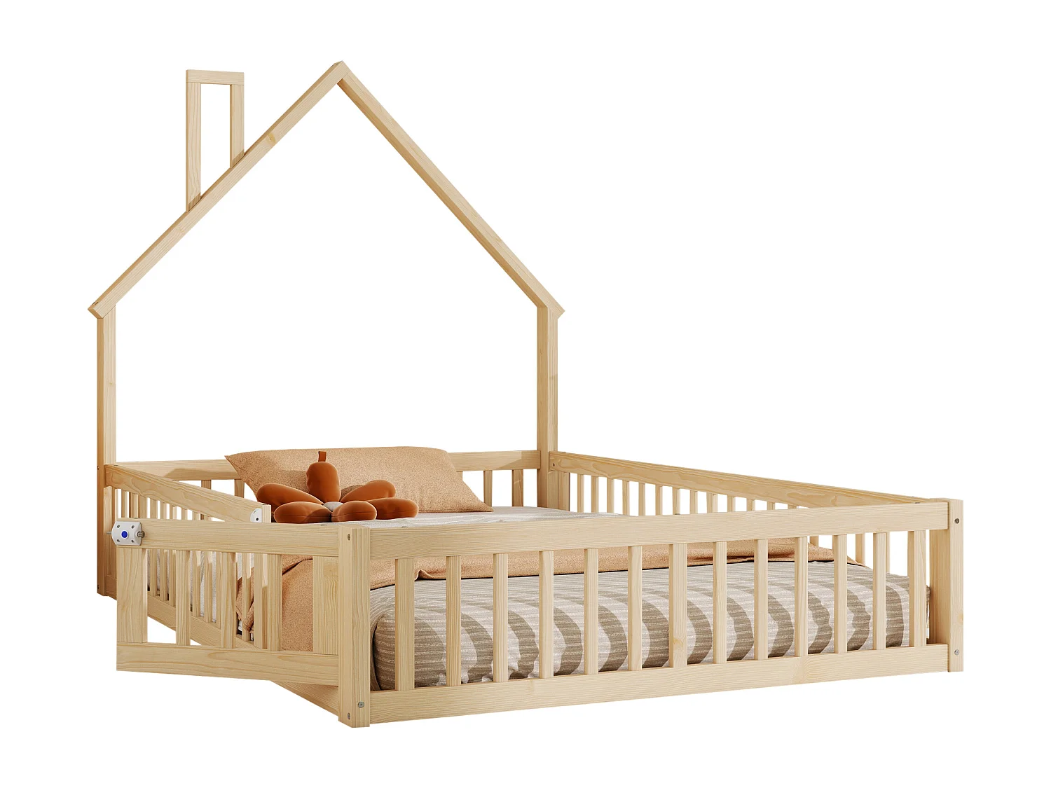 Lit cabane pour enfant - 140 x 190 cm - en forme de cheminée - avec sommier à lattes + porte - pin - naturel