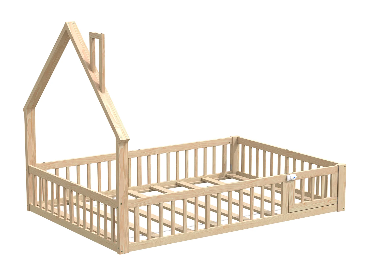Lit cabane pour enfant - 140 x 190 cm - en forme de cheminée - avec sommier à lattes + porte - pin - naturel