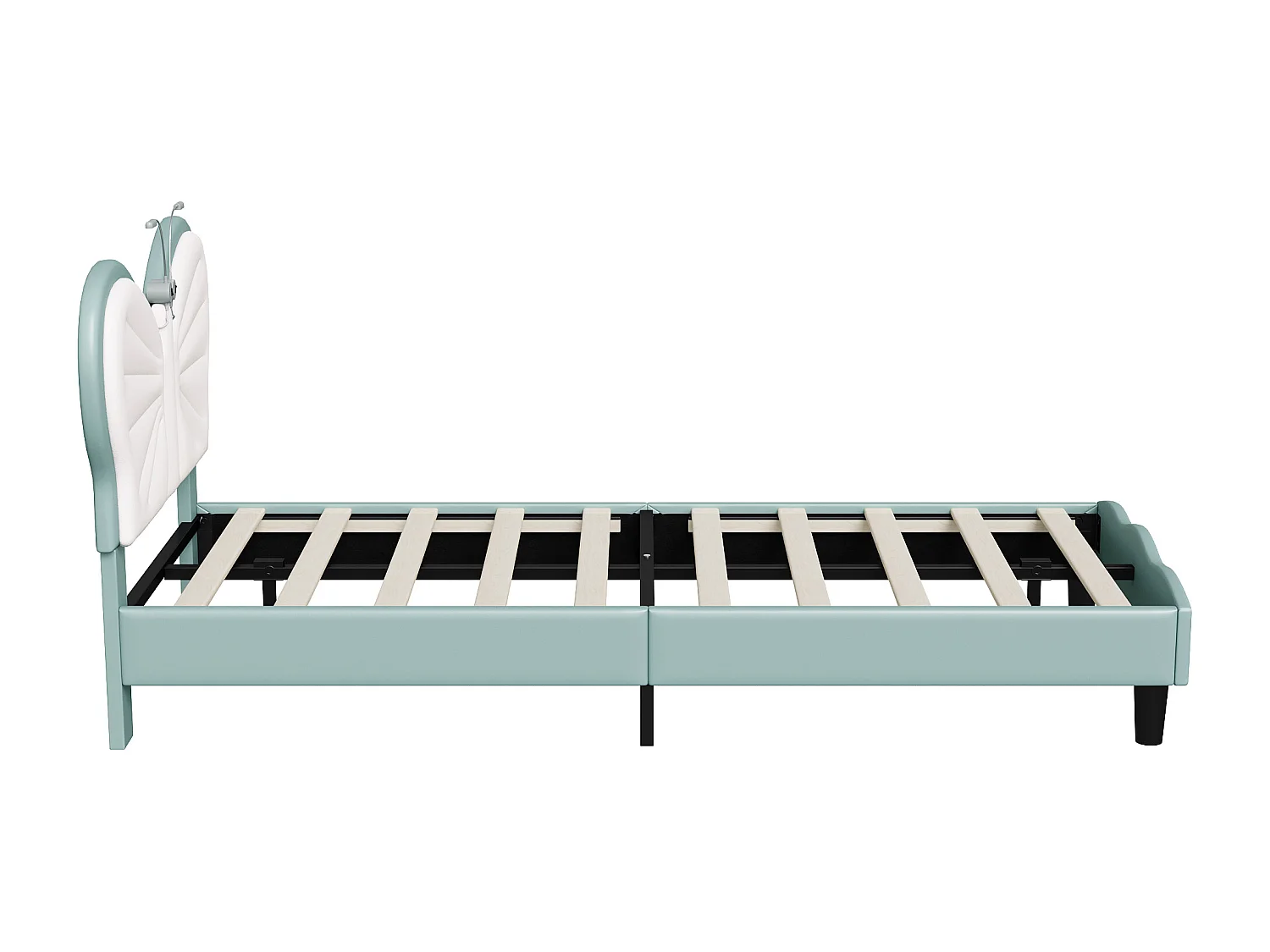 Lit simple enfant 90x200cm avec lampe de lecture - tête de lit papillon réglable - velours - bleu