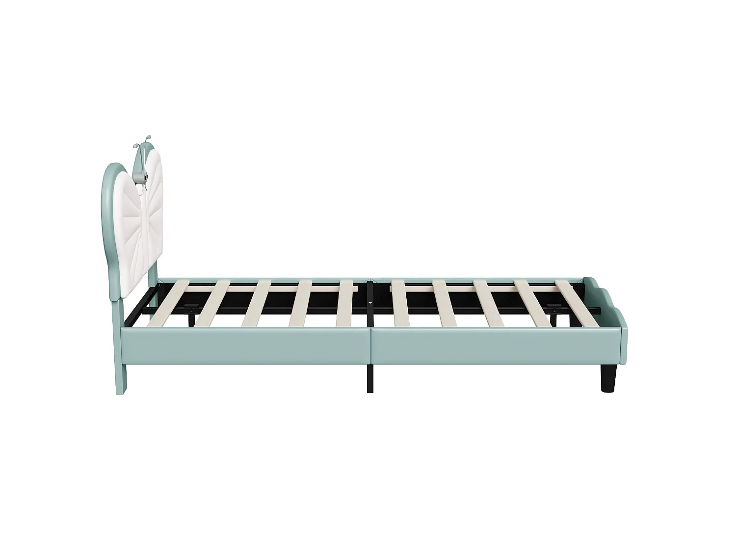 Lit simple enfant 90x200cm avec lampe de lecture - tête de lit papillon réglable - velours - bleu