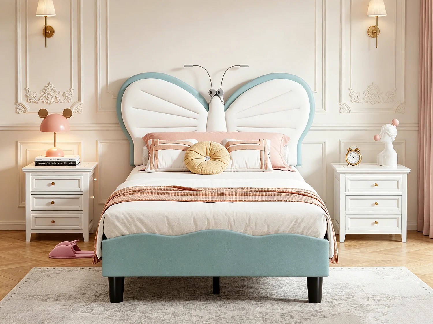 Lit simple enfant 90x200cm avec lampe de lecture - tête de lit papillon réglable - velours - bleu