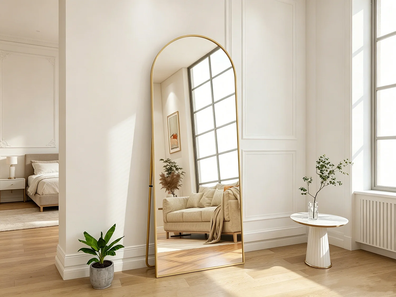 Gebogen vrijstaande spiegel 164 x 54 cm - frame van aluminiumlegering - gehard glas - groot formaat - goud