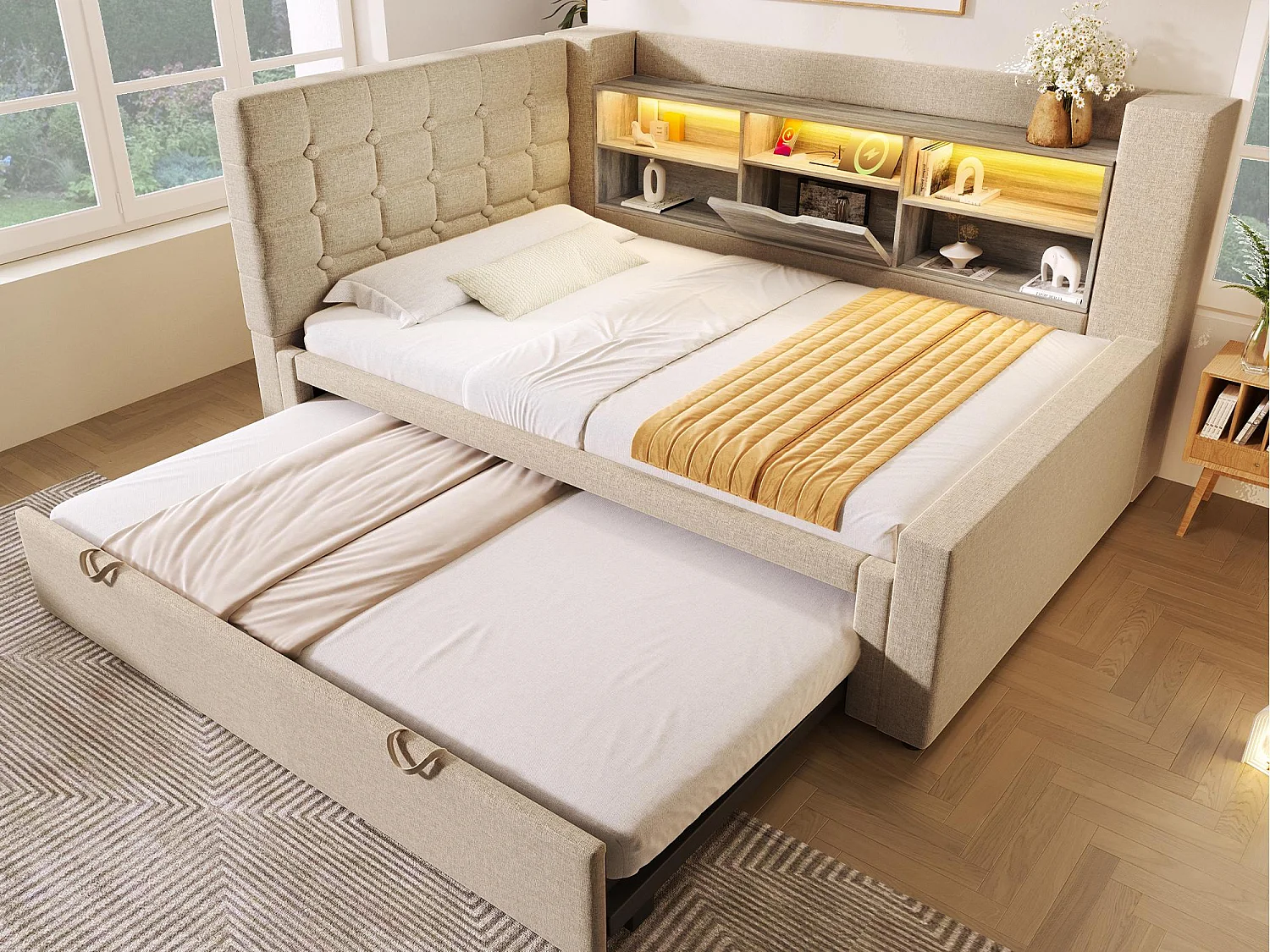 Canapé-lit 90x200cm - avec lit gigogne - avec éclairage LED et espace de rangement - avec USB - tissu de lin - beige (matelas non inclus)