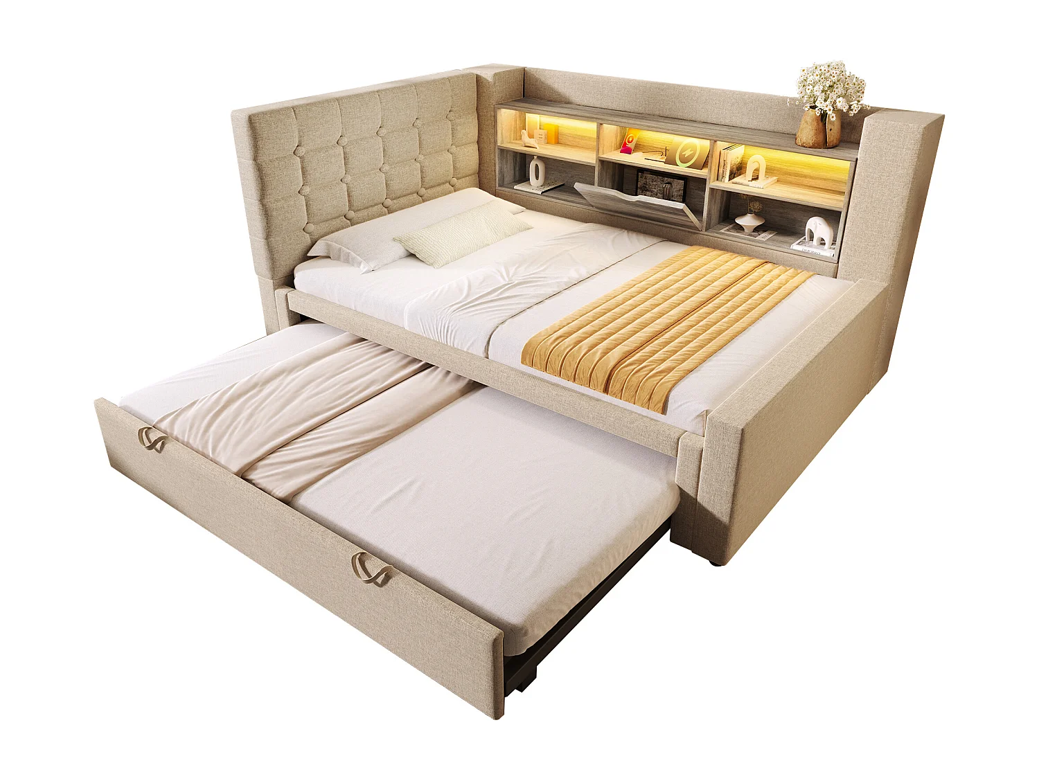Canapé-lit 90x200cm - avec lit gigogne - avec éclairage LED et espace de rangement - avec USB - tissu de lin - beige (matelas non inclus)