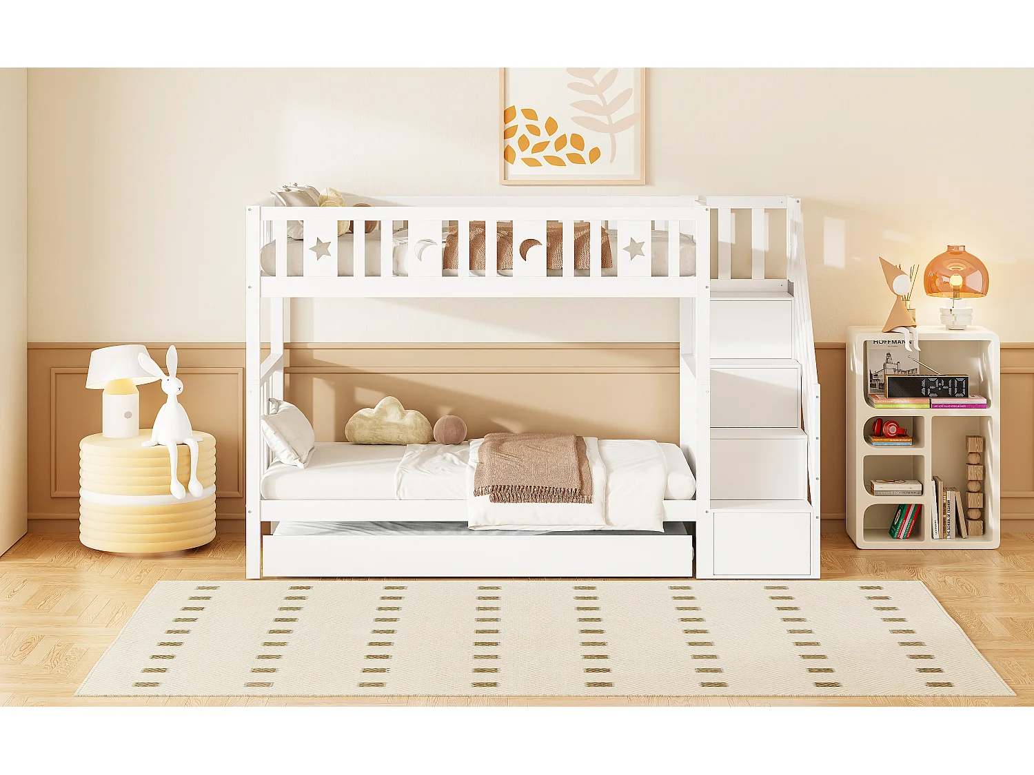 Lit superposé enfant 90 x 200 cm en bois - Avec lit gigogne 90 x 190 cm et escalier de rangement - Blanc