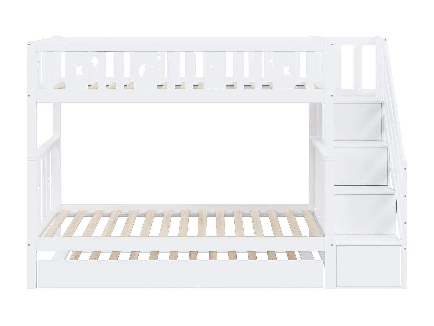 Lit superposé enfant 90 x 200 cm en bois - Avec lit gigogne 90 x 190 cm et escalier de rangement - Blanc