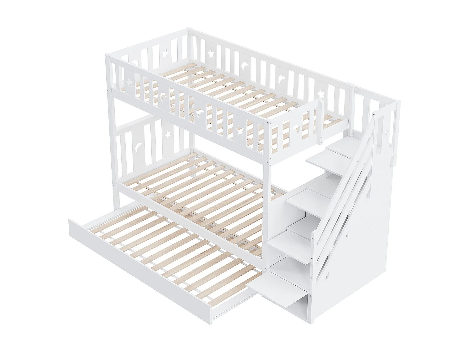 Lit superposé enfant 90 x 200 cm en bois - Avec lit gigogne 90 x 190 cm et escalier de rangement - Blanc