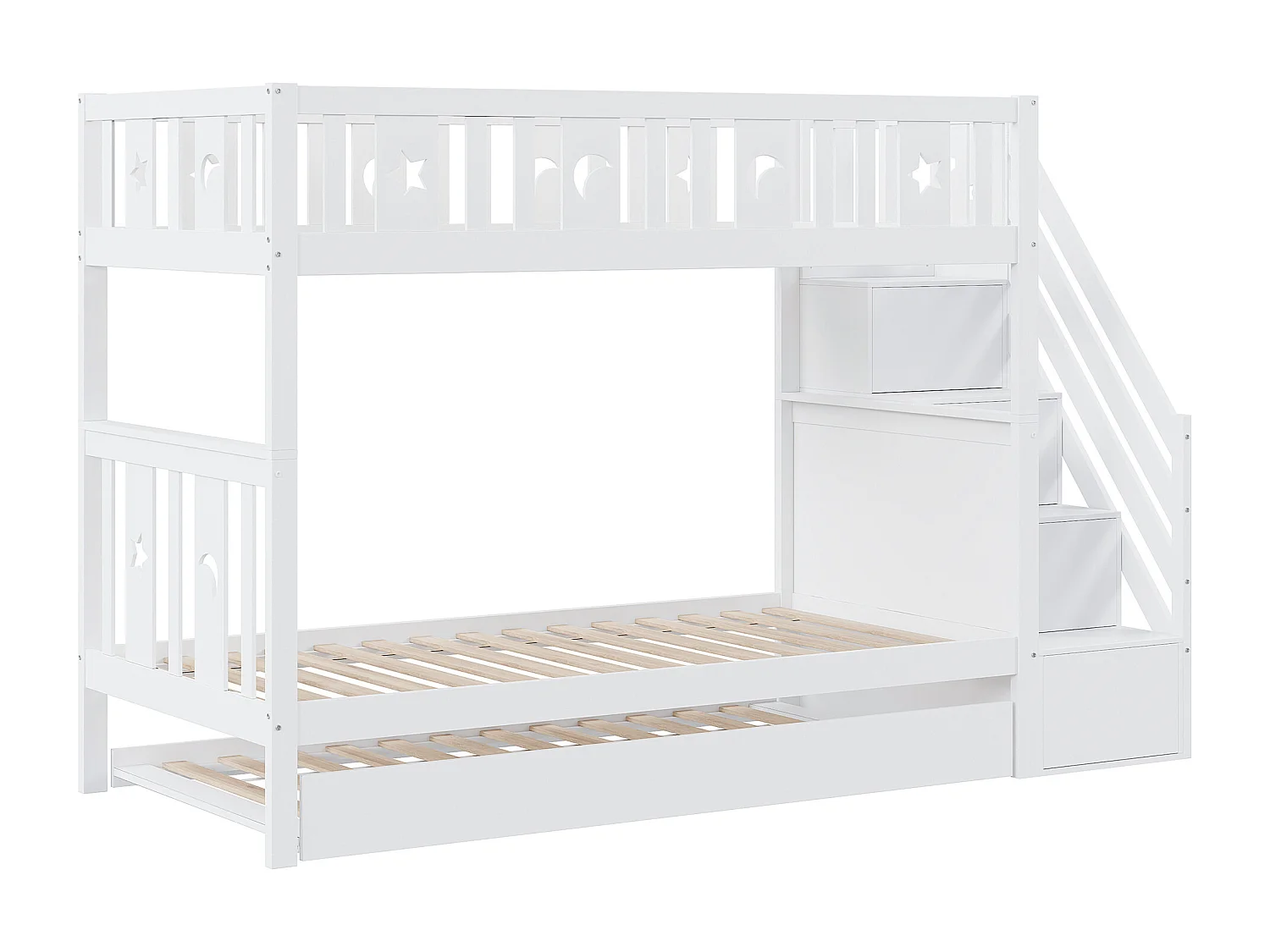 Lit superposé enfant 90 x 200 cm en bois - Avec lit gigogne 90 x 190 cm et escalier de rangement - Blanc