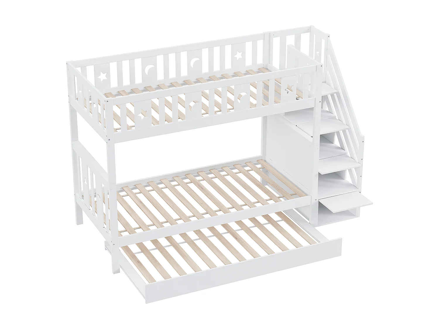 Lit superposé enfant 90 x 200 cm en bois - Avec lit gigogne 90 x 190 cm et escalier de rangement - Blanc