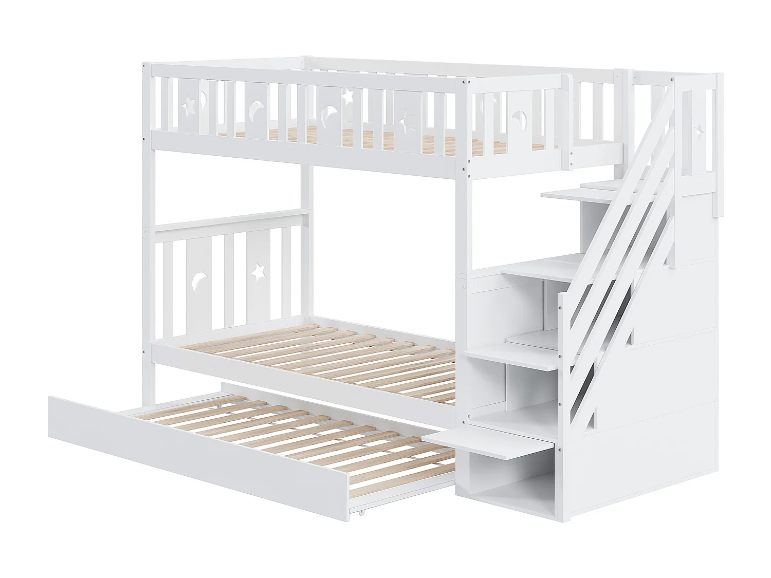 Lit superposé enfant 90 x 200 cm en bois - Avec lit gigogne 90 x 190 cm et escalier de rangement - Blanc