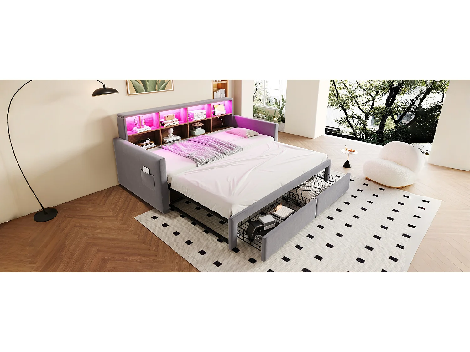 Dagbed 90/180 x 190 cm met 2 lades, ledverlichting en stopcontact, planken - Volwassenenbed in fluweel - Lichtgrijs