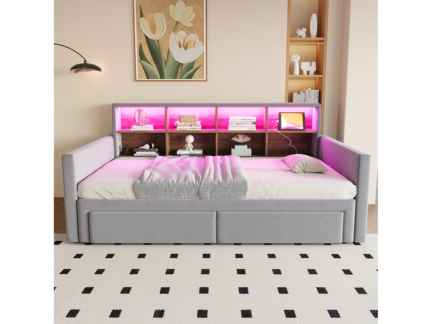 Dagbed 90/180 x 190 cm met 2 lades, ledverlichting en stopcontact, planken - Volwassenenbed in fluweel - Lichtgrijs