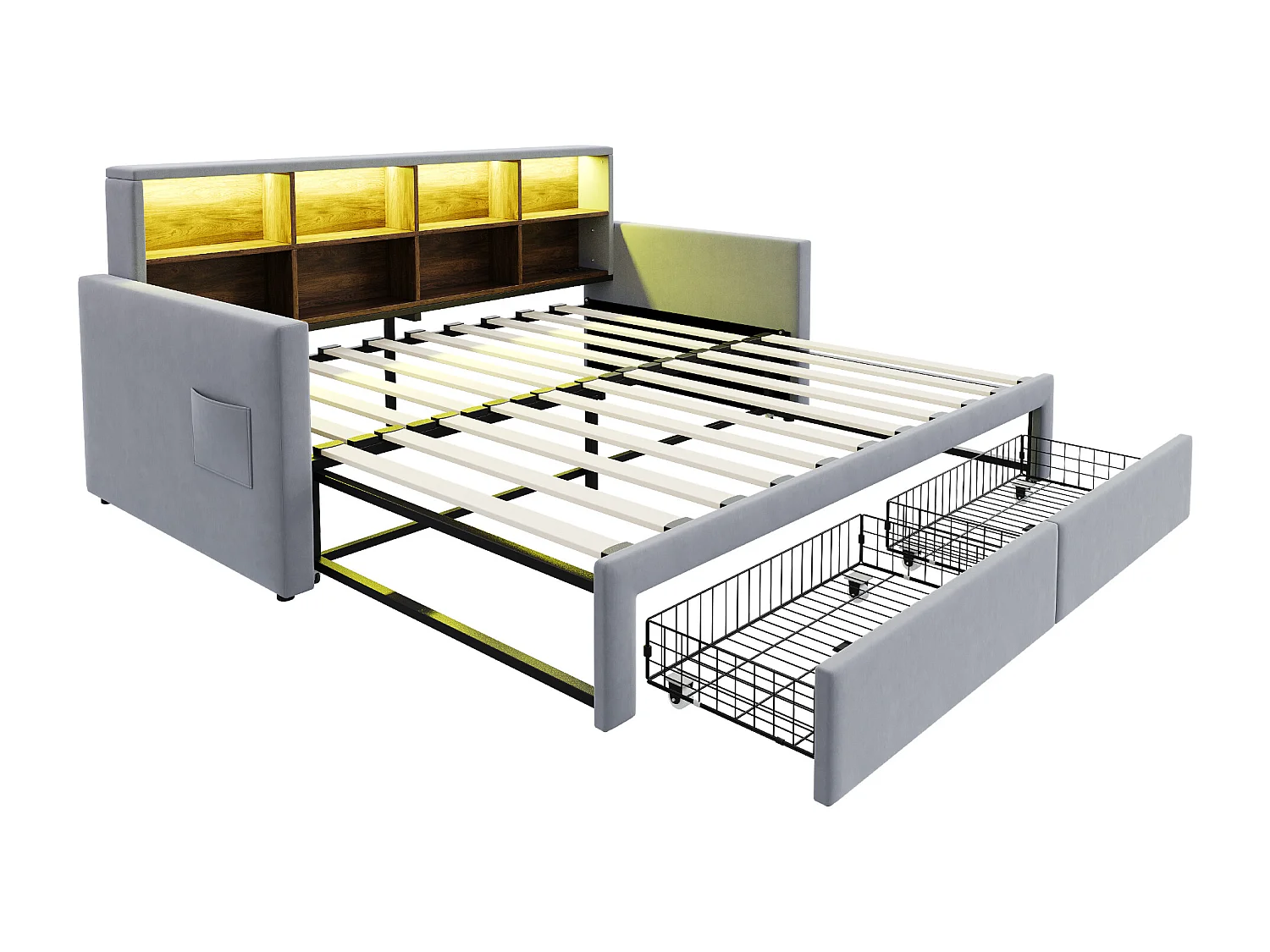 Dagbed 90/180 x 190 cm met 2 lades, ledverlichting en stopcontact, planken - Volwassenenbed in fluweel - Lichtgrijs