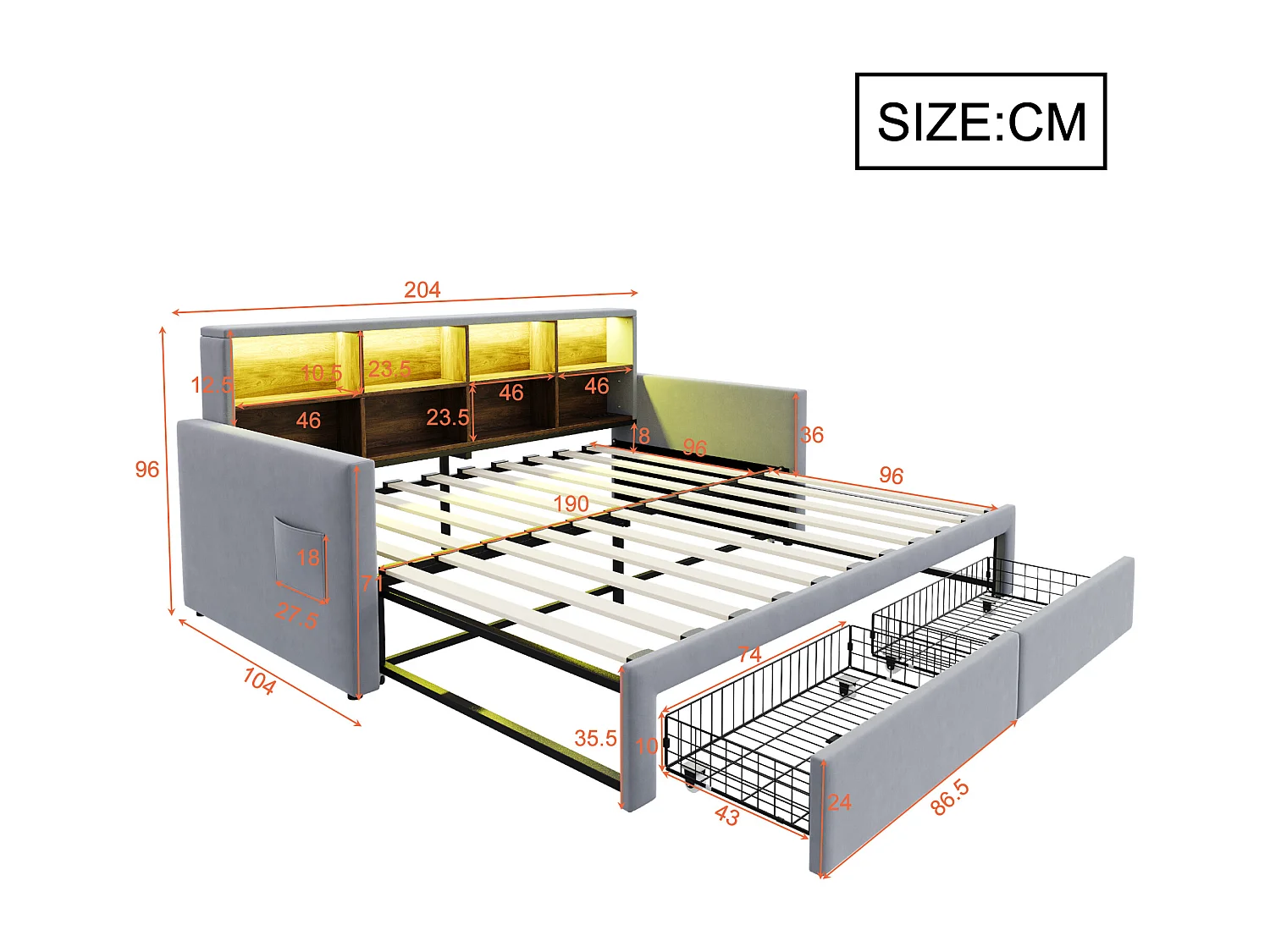 Dagbed 90/180 x 190 cm met 2 lades, ledverlichting en stopcontact, planken - Volwassenenbed in fluweel - Lichtgrijs