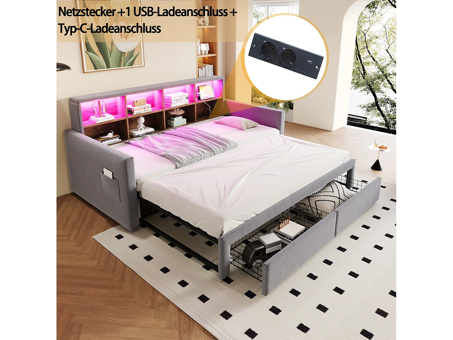 Dagbed 90/180 x 190 cm met 2 lades, ledverlichting en stopcontact, planken - Volwassenenbed in fluweel - Lichtgrijs