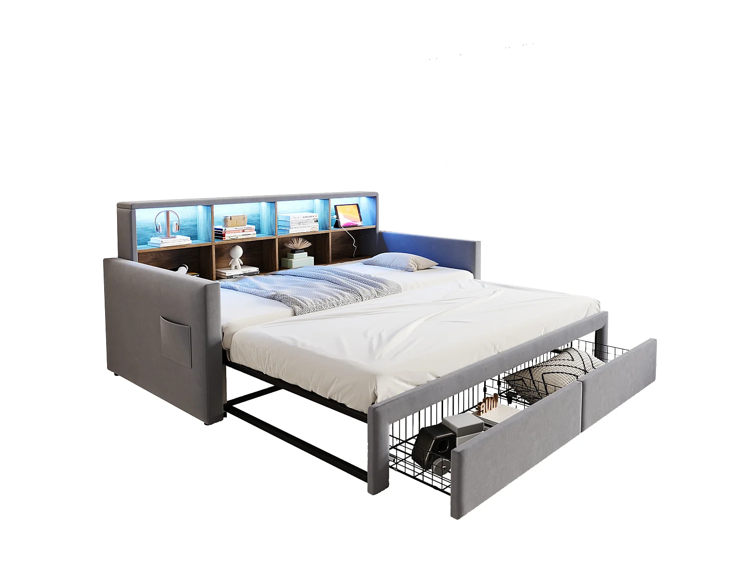 Dagbed 90/180 x 190 cm met 2 lades, ledverlichting en stopcontact, planken - Volwassenenbed in fluweel - Lichtgrijs