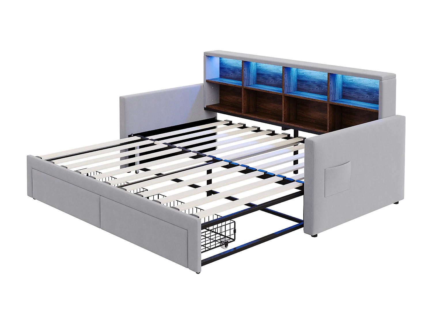 Dagbed 90/180 x 190 cm met 2 lades, ledverlichting en stopcontact, planken - Volwassenenbed in fluweel - Lichtgrijs