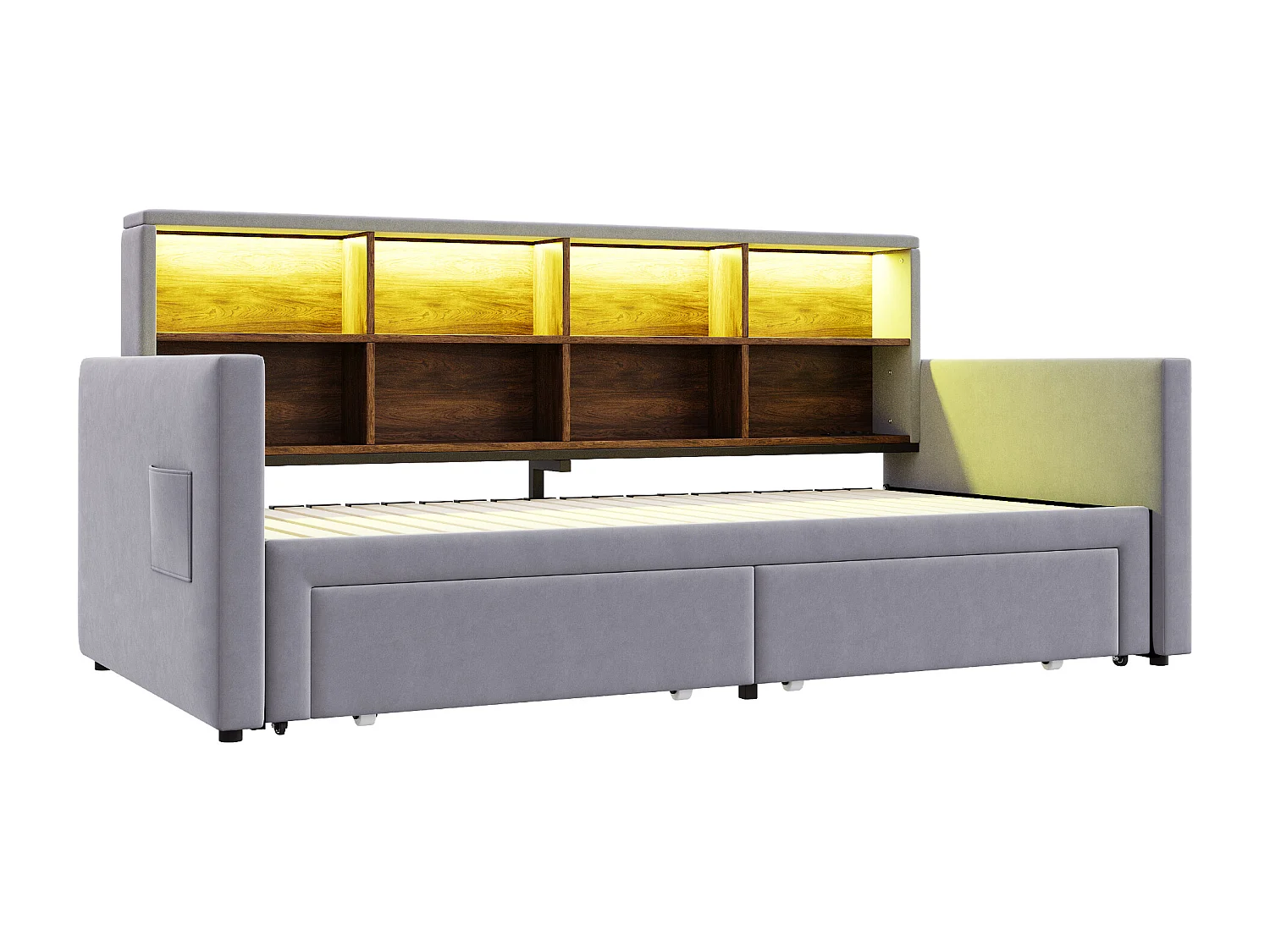 Dagbed 90/180 x 190 cm met 2 lades, ledverlichting en stopcontact, planken - Volwassenenbed in fluweel - Lichtgrijs