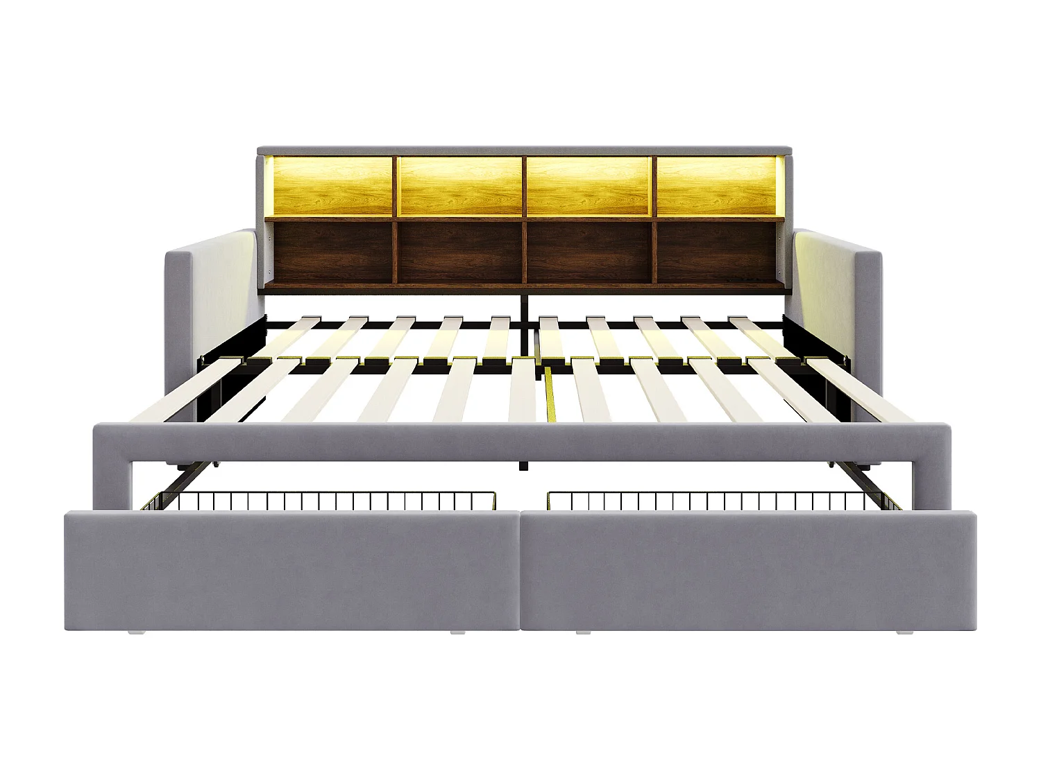 Dagbed 90/180 x 190 cm met 2 lades, ledverlichting en stopcontact, planken - Volwassenenbed in fluweel - Lichtgrijs