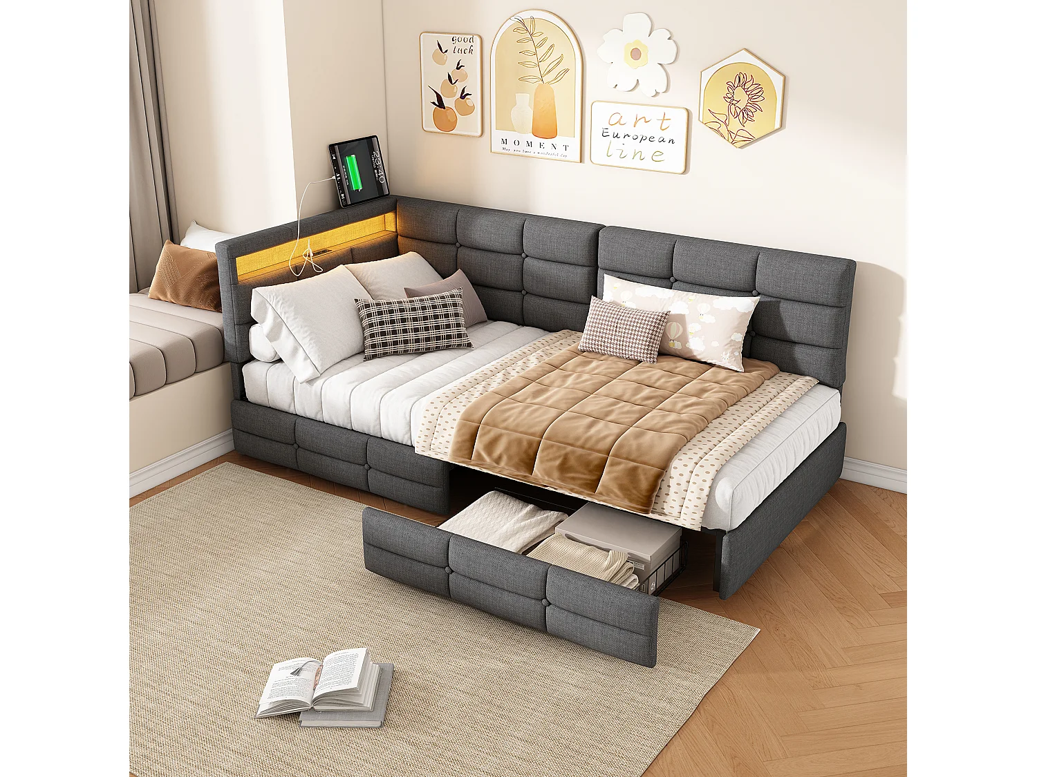 Lit simple 90x200 cm avec 2 tiroirs - éclairage LED et port USB - lin - gris