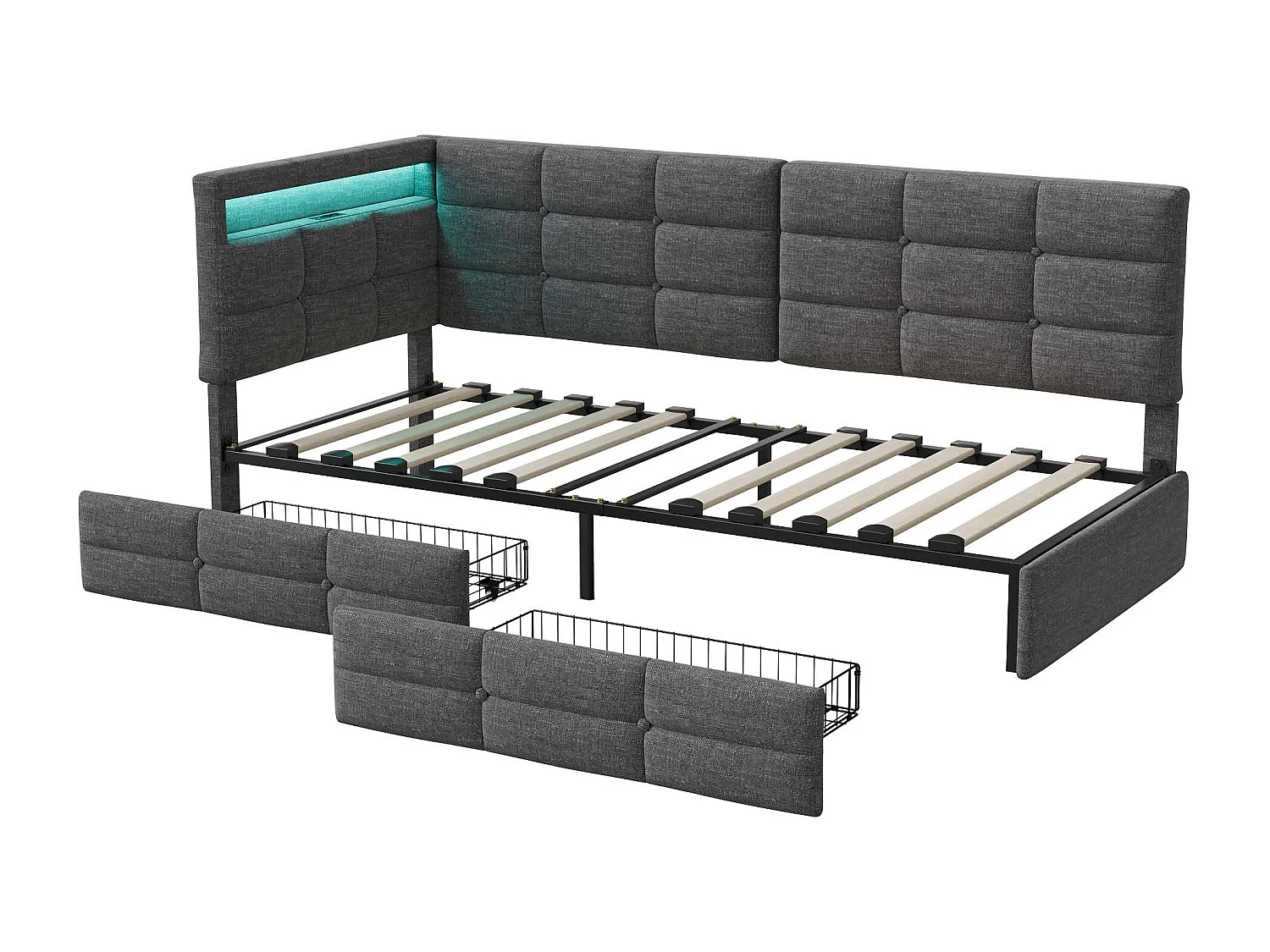 Lit simple 90x200 cm avec 2 tiroirs - éclairage LED et port USB - lin - gris