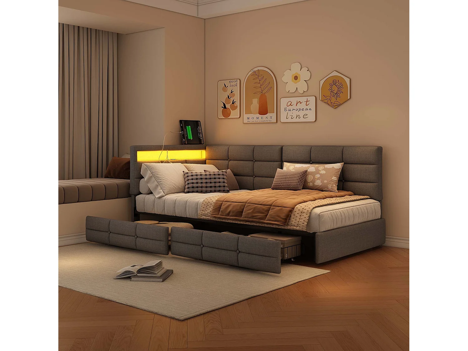 Cama individual de 90x200 cm con 2 cajones, con luz LED y USB, de lino, gris