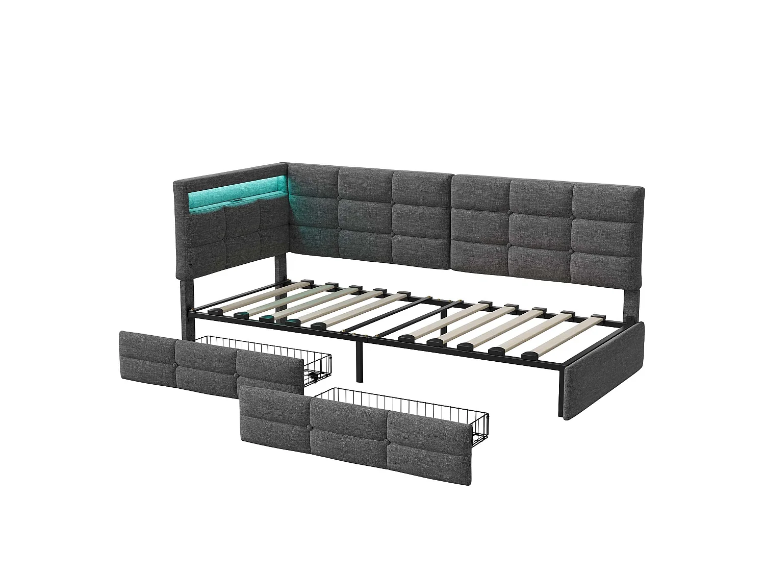 Cama individual de 90x200 cm con 2 cajones, con luz LED y USB, de lino, gris