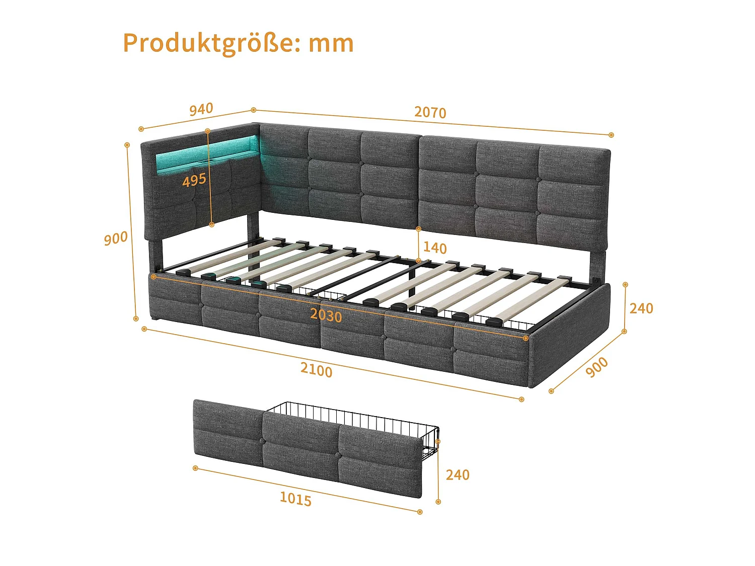 Cama individual de 90x200 cm con 2 cajones, con luz LED y USB, de lino, gris