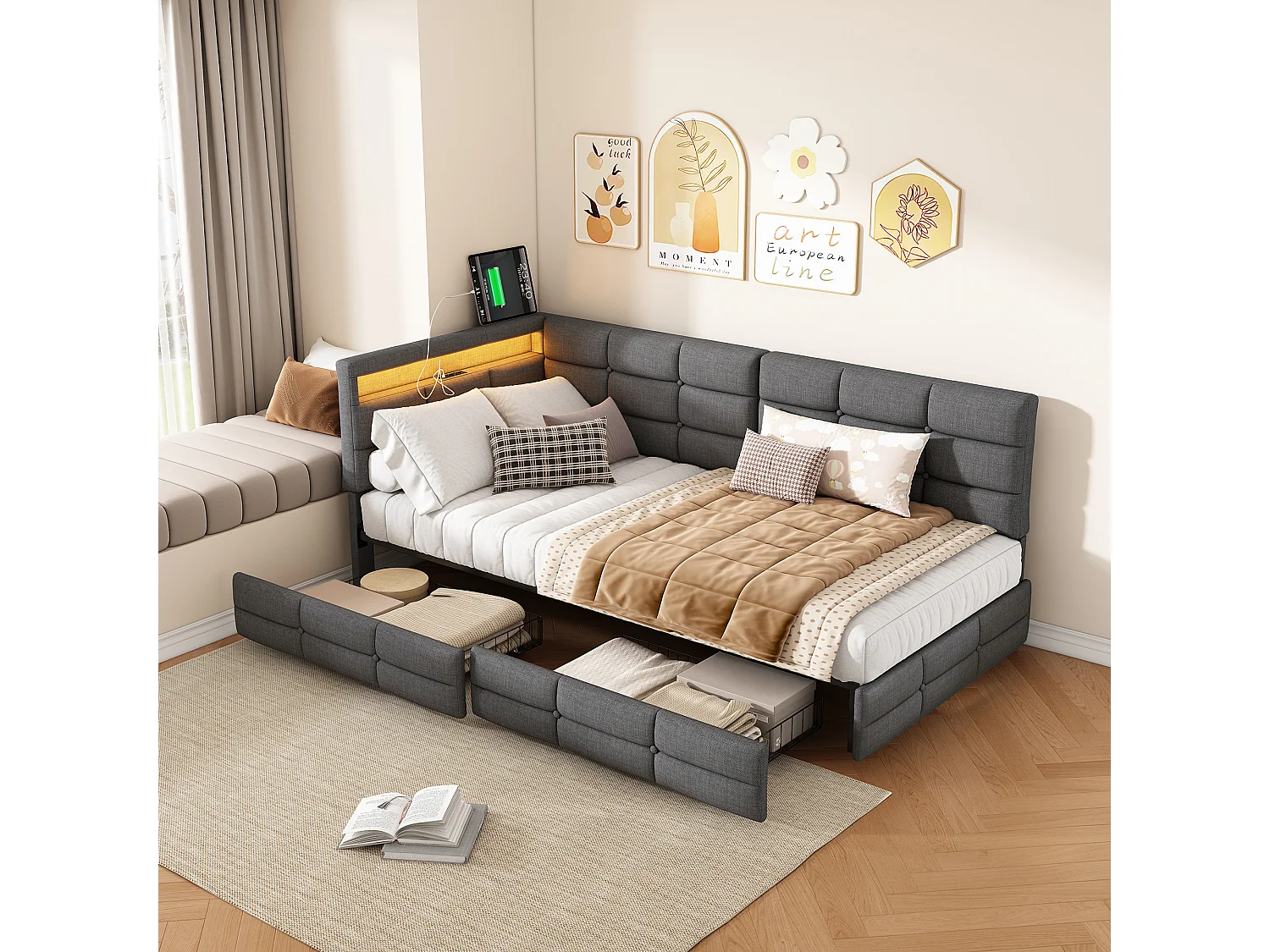 Cama individual de 90x200 cm con 2 cajones, con luz LED y USB, de lino, gris