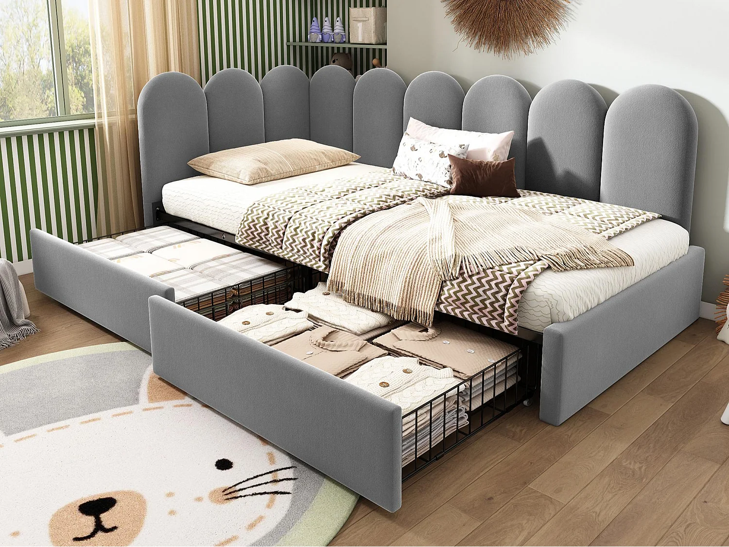 Łóżko ławka 90x200 cm - z 2 szufladami - tkanina welurowa - z stelażem lamelowym - Szary​ (bez materaca)