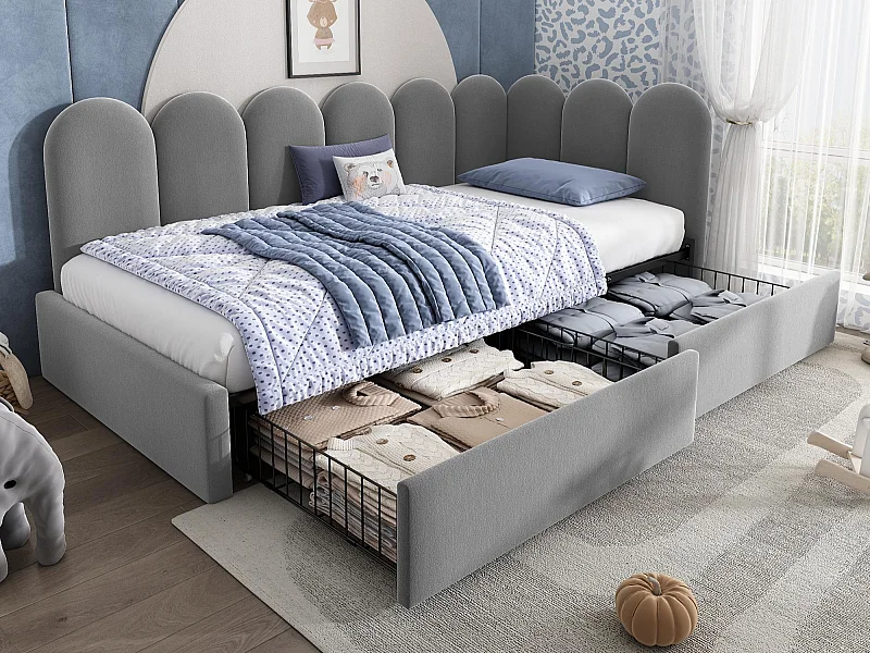 Sitzbankbett 90x200 cm - mit 2 Schubladen - Samtstoff - mit Lattenrost - Grau​ (ohne Matratze)