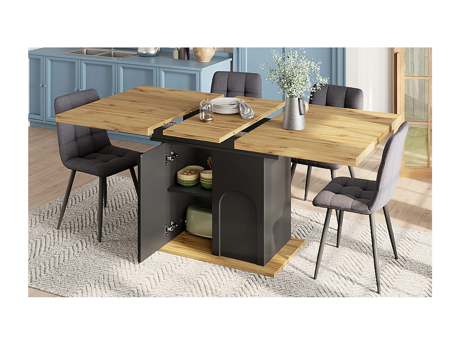 Table à manger extensible pour 4 à 6 personnes avec rangement - Couleur bois