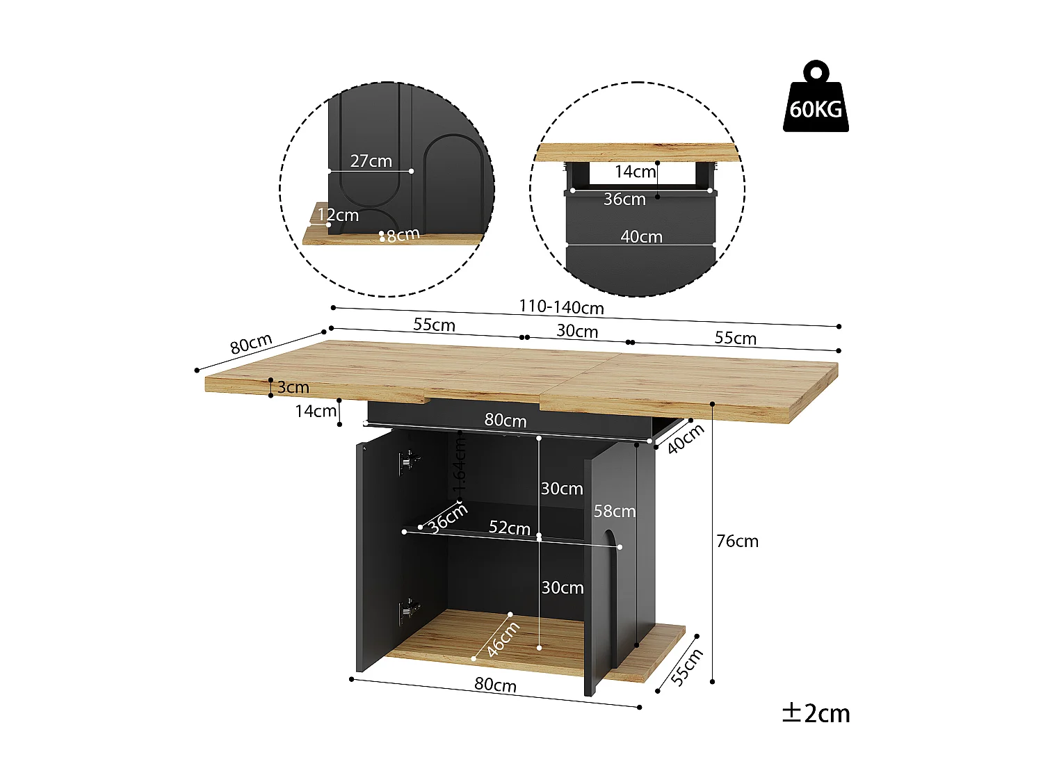 Table à manger extensible pour 4 à 6 personnes avec rangement - Couleur bois
