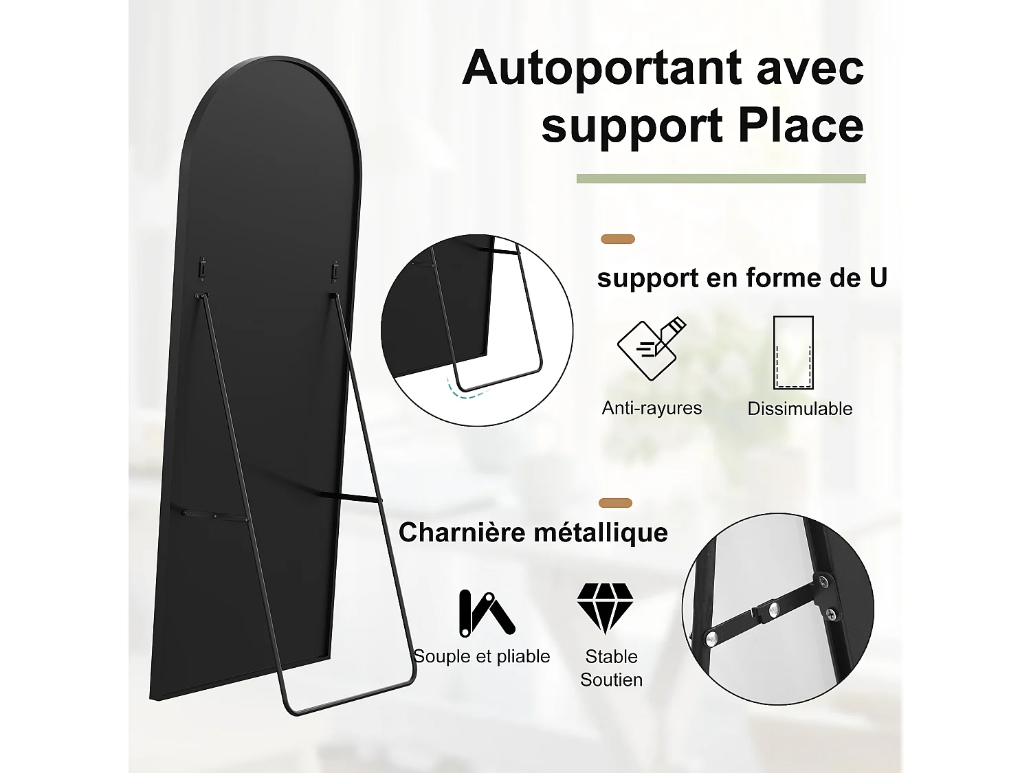 Miroir sur pied incurvé 164 x 54 cm - cadre en alliage d'aluminium - verre trempé - grand format - noir