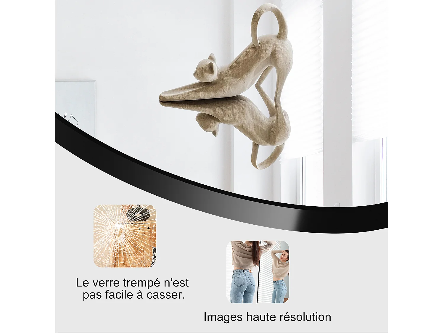 Miroir sur pied incurvé 164 x 54 cm - cadre en alliage d'aluminium - verre trempé - grand format - noir