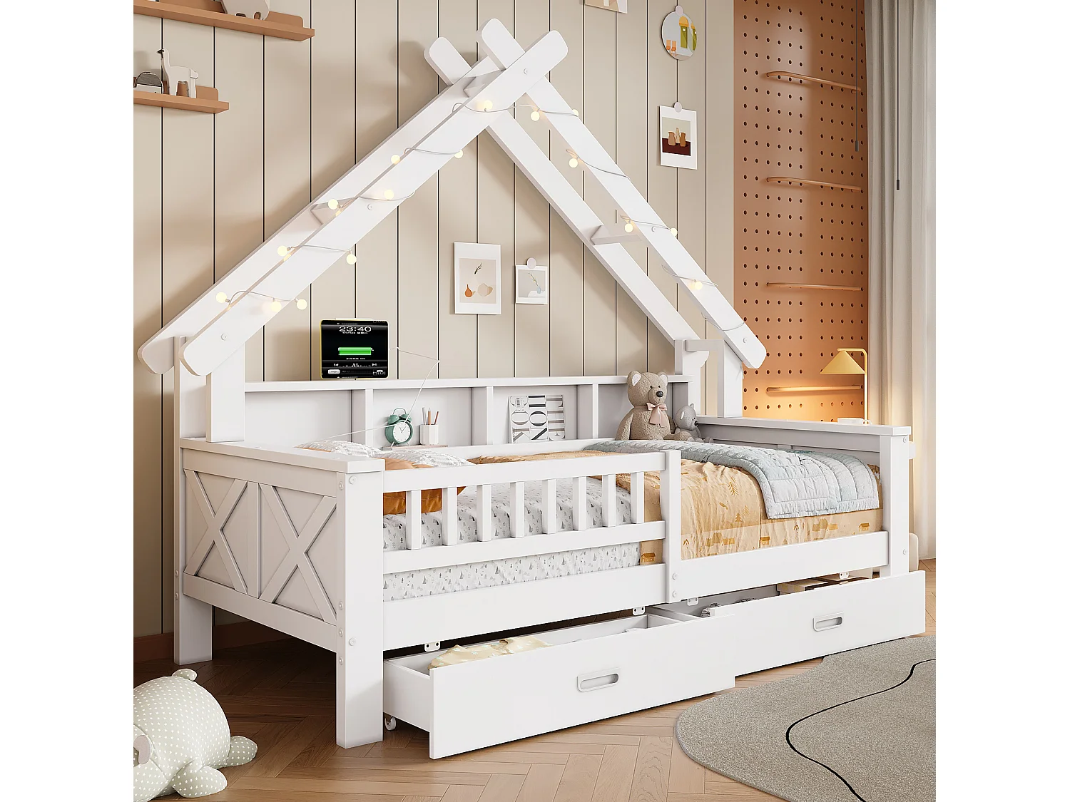 Lit cabane enfant 140x200 cm - avec LED - 2 tiroirs et compartiments de rangement - Barrières de sécurité -Blanc (matelas non inclus)